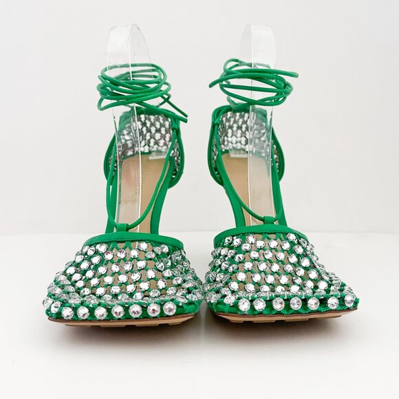 Bottega Veneta Sparkle Stretch Lace-Up Sandal Mesh Crystals Parakeet Green - Picture 4 of 16
